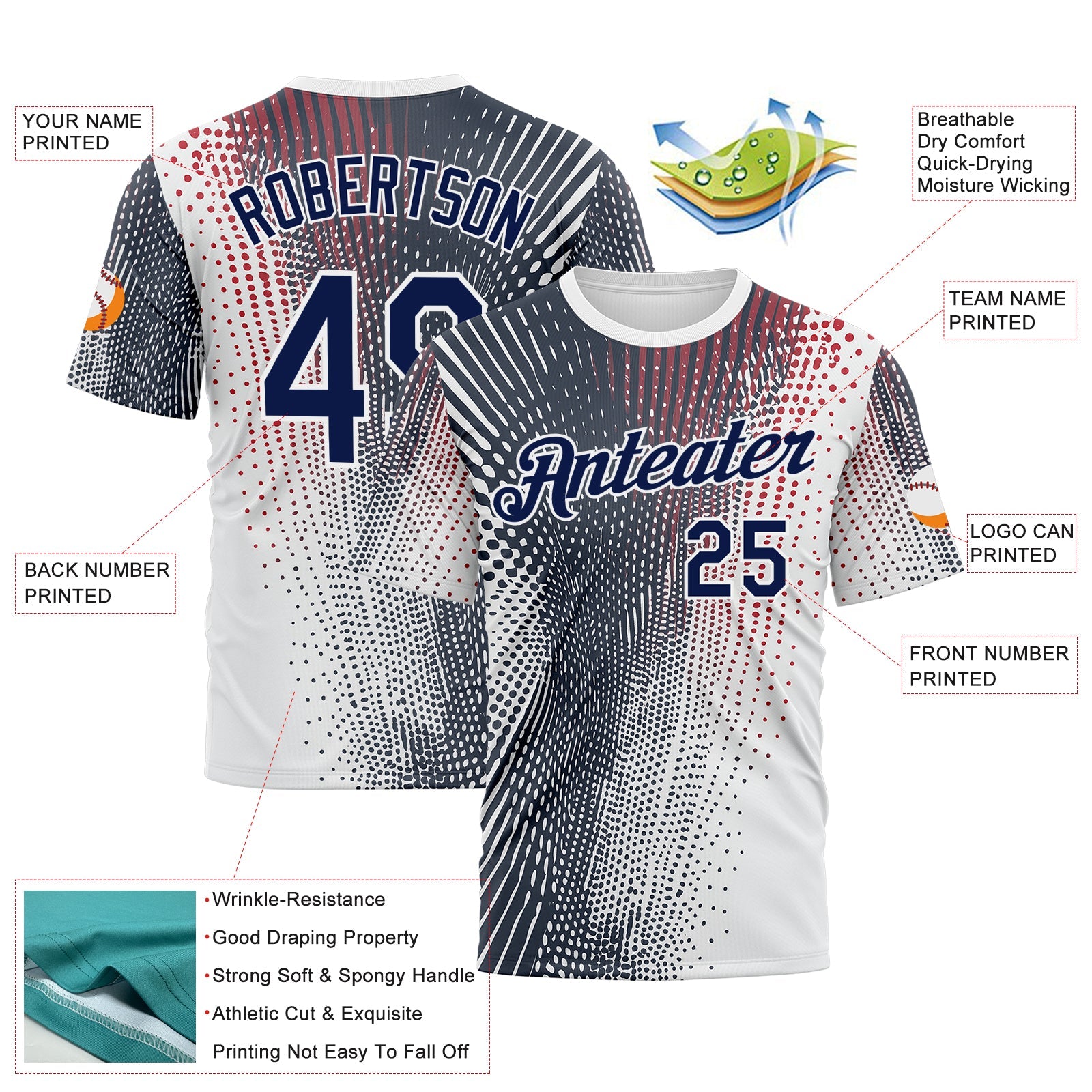 Custom White Navy 3D Pattern Design Gradient Dots Sportswear Performance T-Shirt view 2