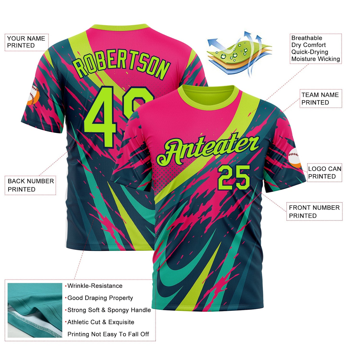 Custom Pink Neon Green-Navy 3D Pattern Design Splash Sportswear Performance T-Shirt view 2