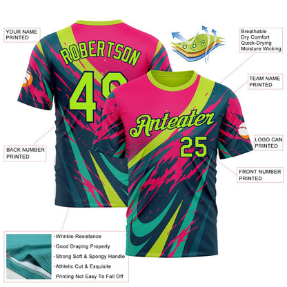 Custom Pink Neon Green-Navy 3D Pattern Design Splash Sportswear Performance T-Shirt view 2