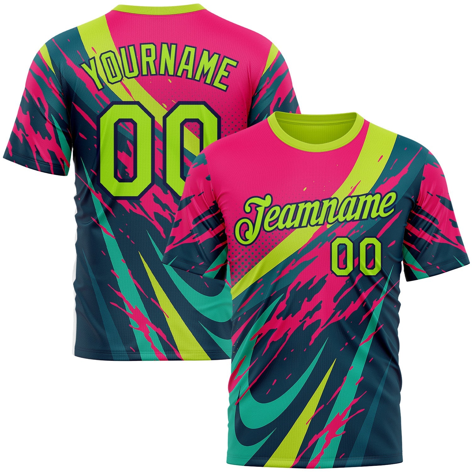 Custom Pink Neon Green-Navy 3D Pattern Design Splash Sportswear Performance T-Shirt - Main View