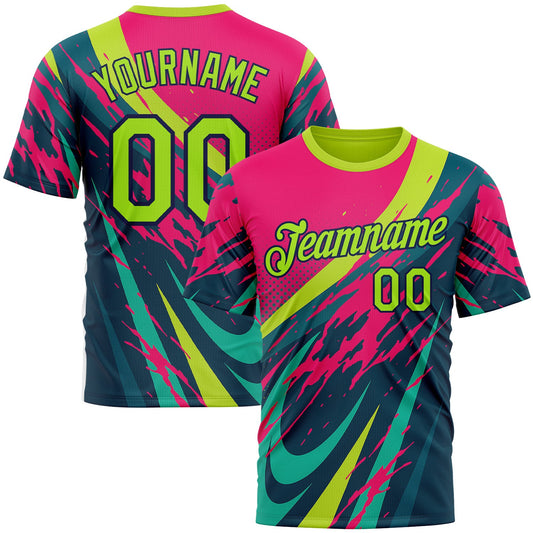 Custom Pink Neon Green-Navy 3D Pattern Design Splash Sportswear Performance T-Shirt - Main View