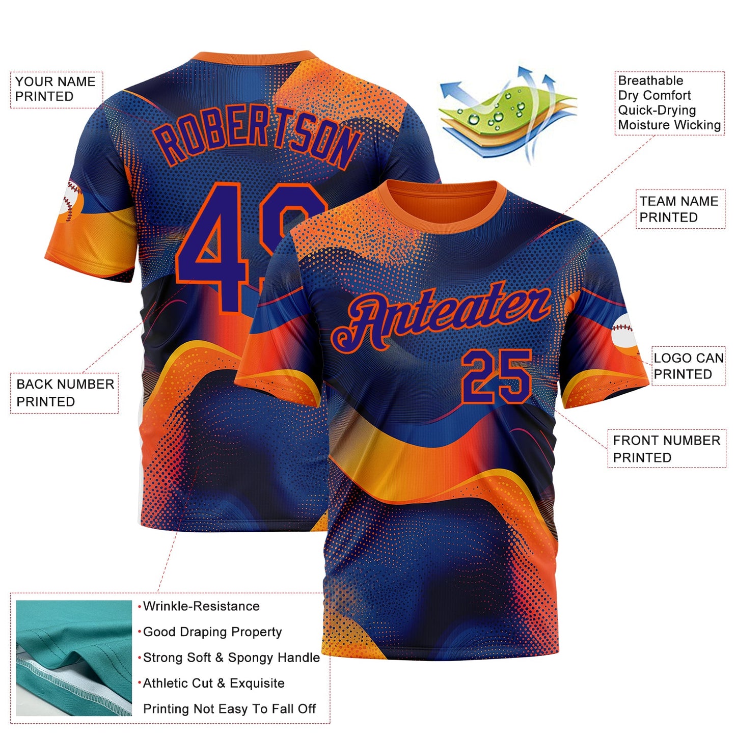 Custom Orange Dark Purple-Blue 3D Pattern Design Gradient Sportswear Performance T-Shirt view 2