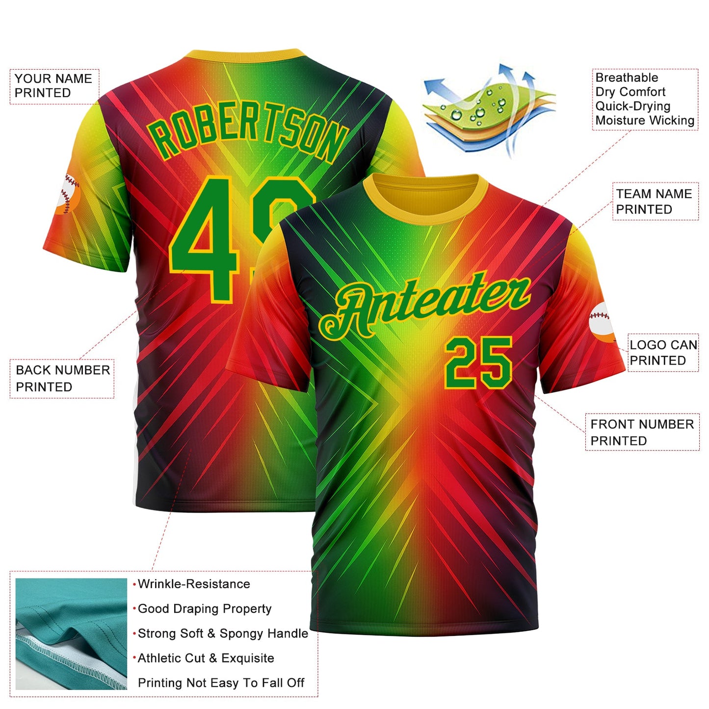 Custom Red Grass Green-Yellow 3D Pattern Design Gradient Sportswear Performance T-Shirt view 2