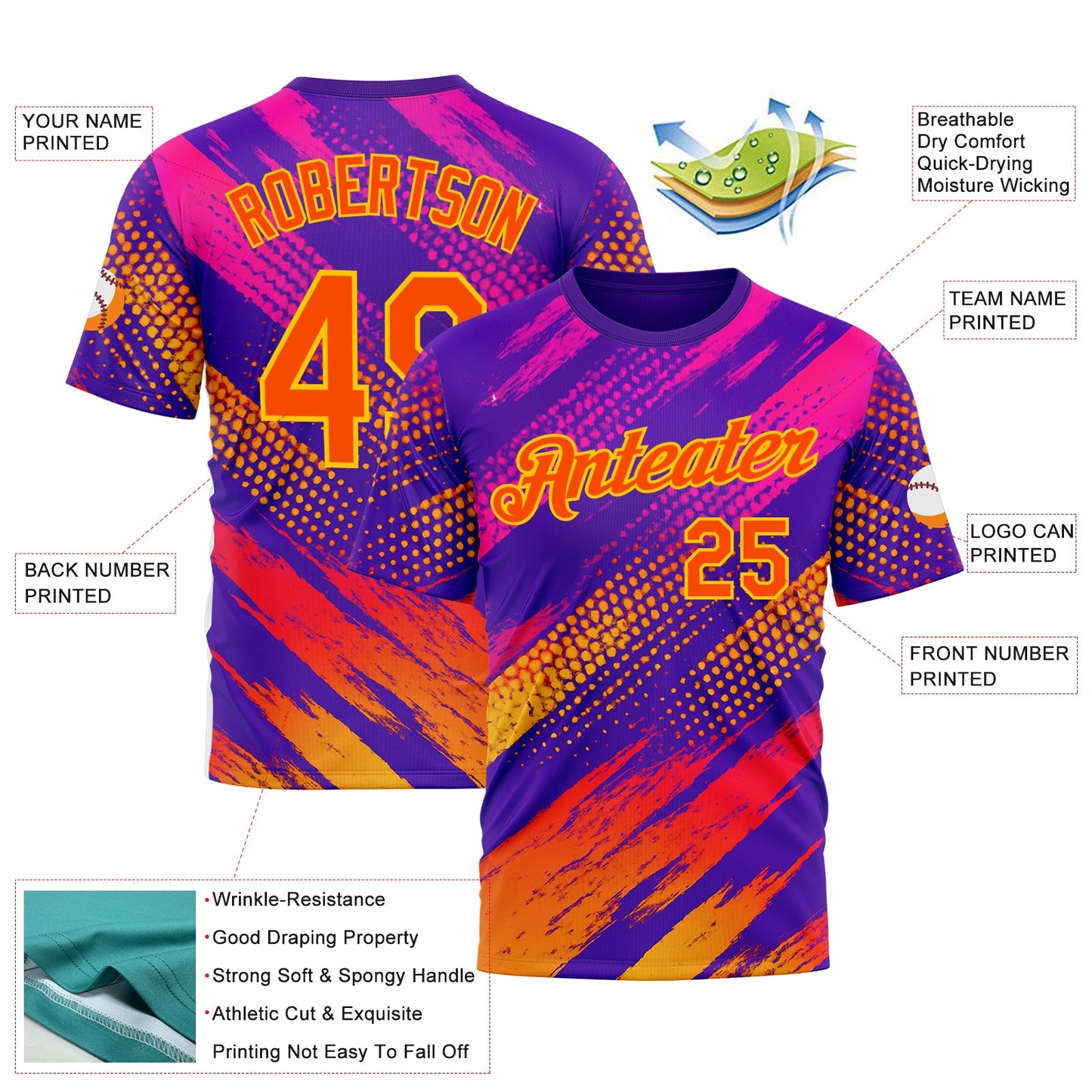 Custom Purple Orange-Yellow 3D Pattern Design Splash Sportswear Performance T-Shirt view 2