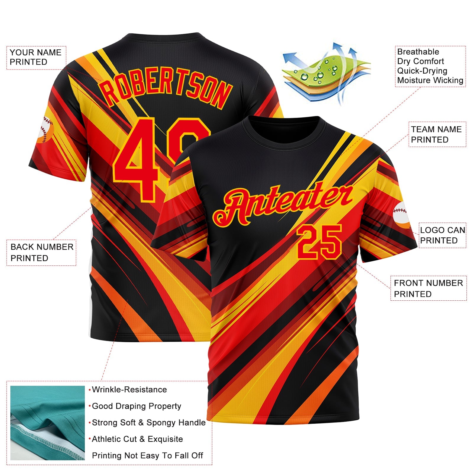 Custom Black Fire Red-Yellow 3D Pattern Design Line Sportswear Performance T-Shirt view 2