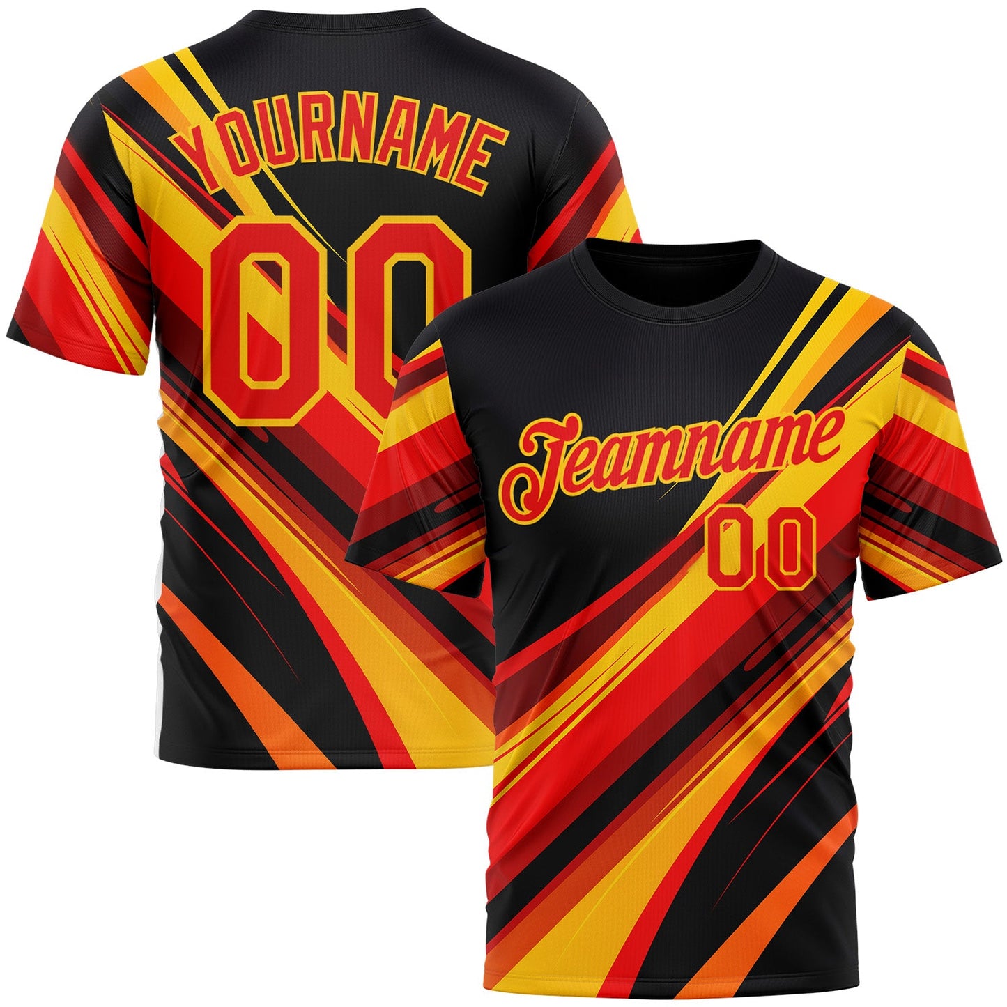 Custom Black Fire Red-Yellow 3D Pattern Design Line Sportswear Performance T-Shirt - Main View