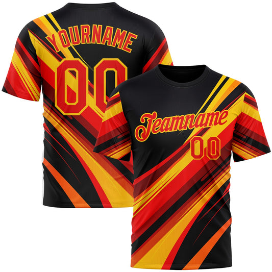 Custom Black Fire Red-Yellow 3D Pattern Design Line Sportswear Performance T-Shirt - Main View