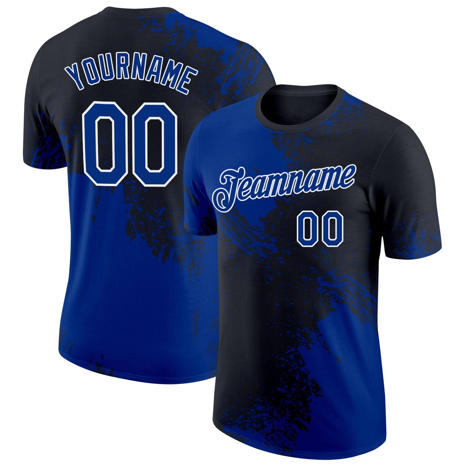 Custom Black Royal-White 3D Pattern Design Abstract Brush Stroke Performance T-Shirt - Main View