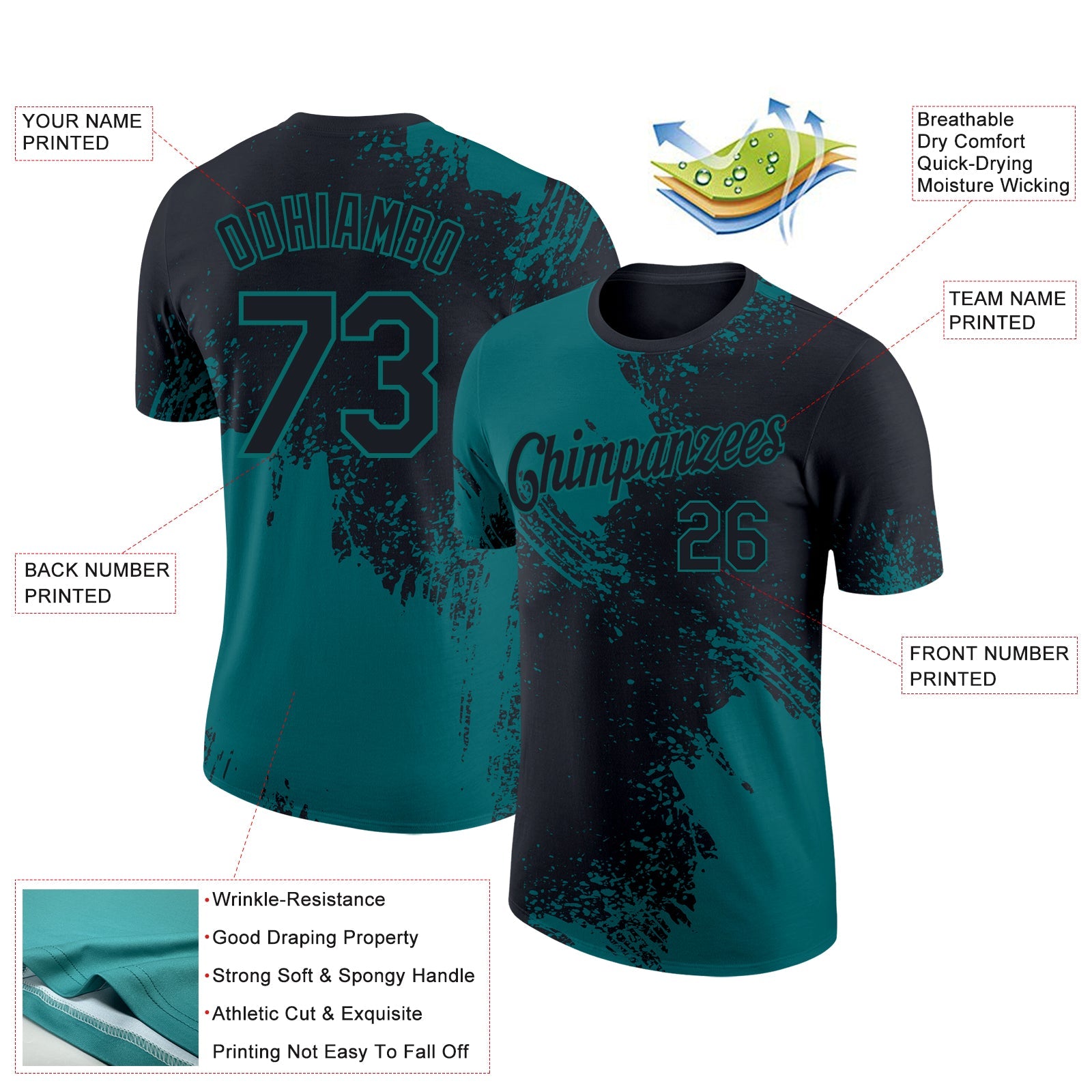 Custom Black Teal 3D Pattern Design Abstract Brush Stroke Performance T-Shirt view 2