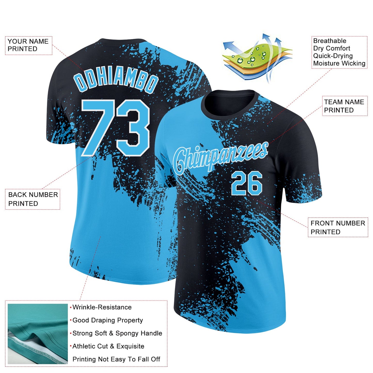 Custom Black Sky Blue-White 3D Pattern Design Abstract Brush Stroke Performance T-Shirt view 2