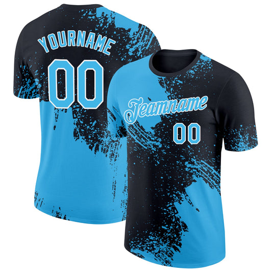 Custom Black Sky Blue-White 3D Pattern Design Abstract Brush Stroke Performance T-Shirt - Main View