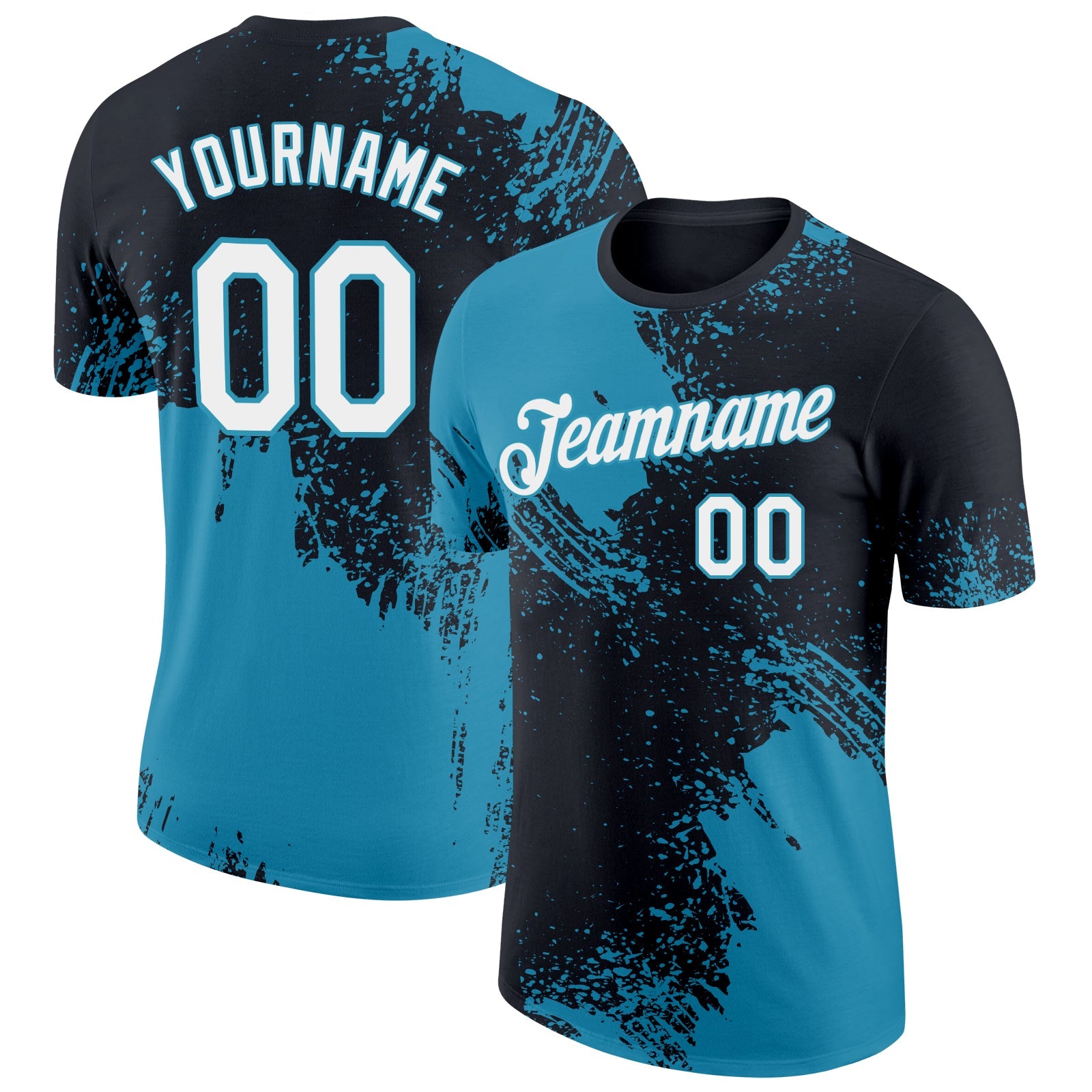 Custom Black White-Panther Blue 3D Pattern Design Abstract Brush Stroke Performance T-Shirt - Main View