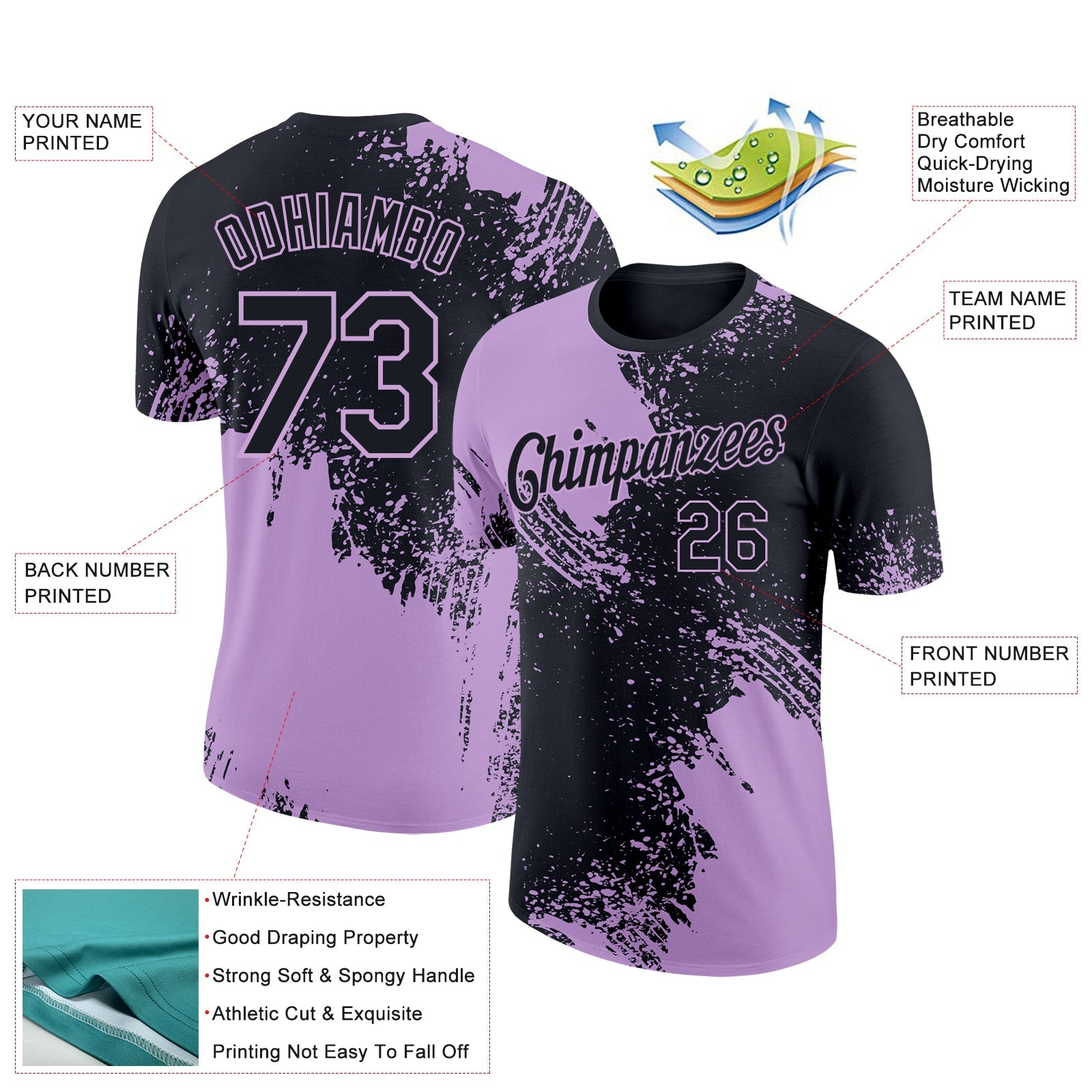 Custom Black Light Purple 3D Pattern Design Abstract Brush Stroke Performance T-Shirt view 2