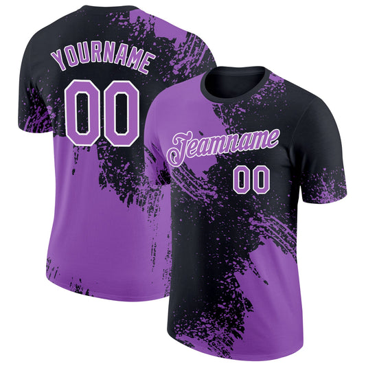 Custom Black Medium Purple-White 3D Pattern Design Abstract Brush Stroke Performance T-Shirt - Main View