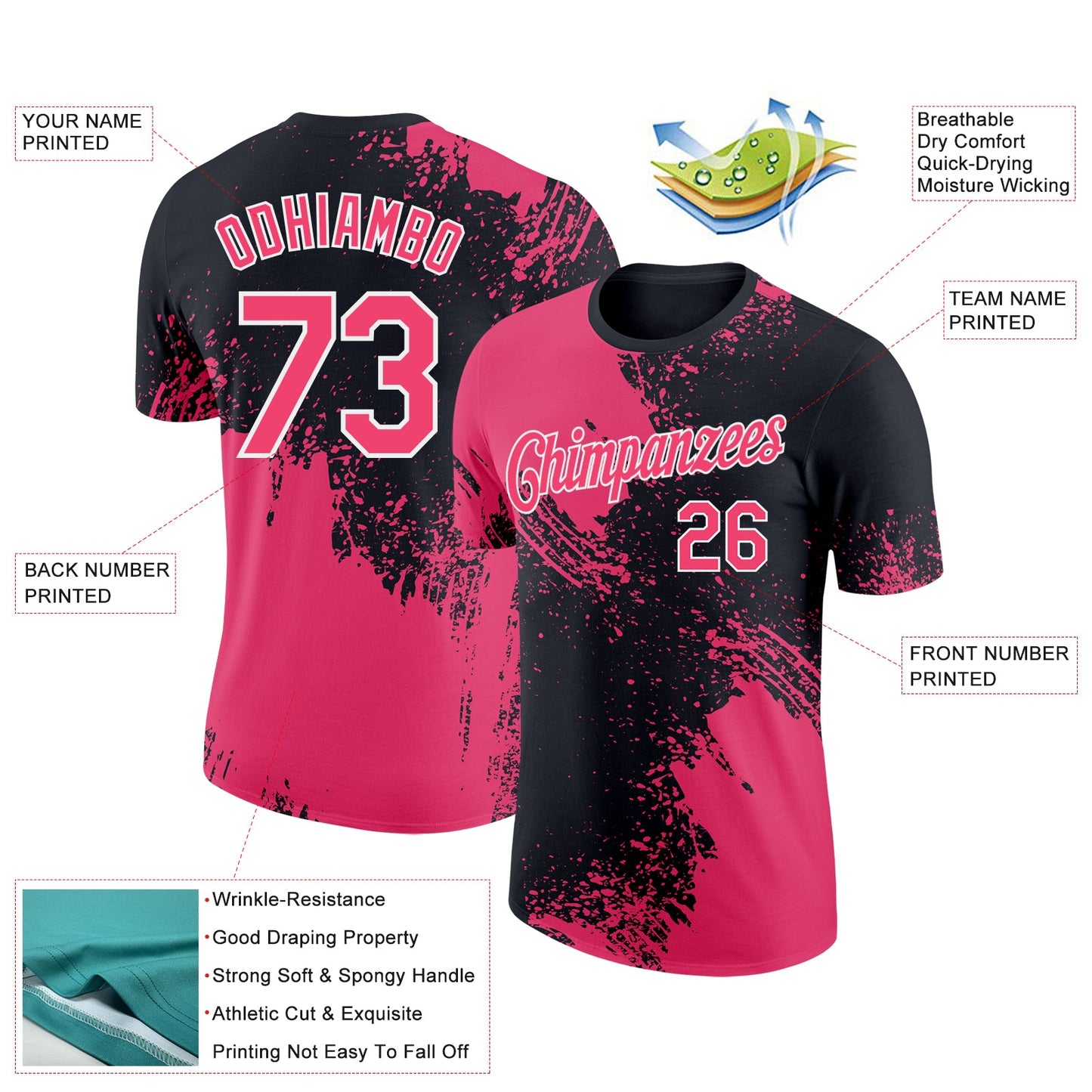 Custom Black Neon Pink-White 3D Pattern Design Abstract Brush Stroke Performance T-Shirt view 2