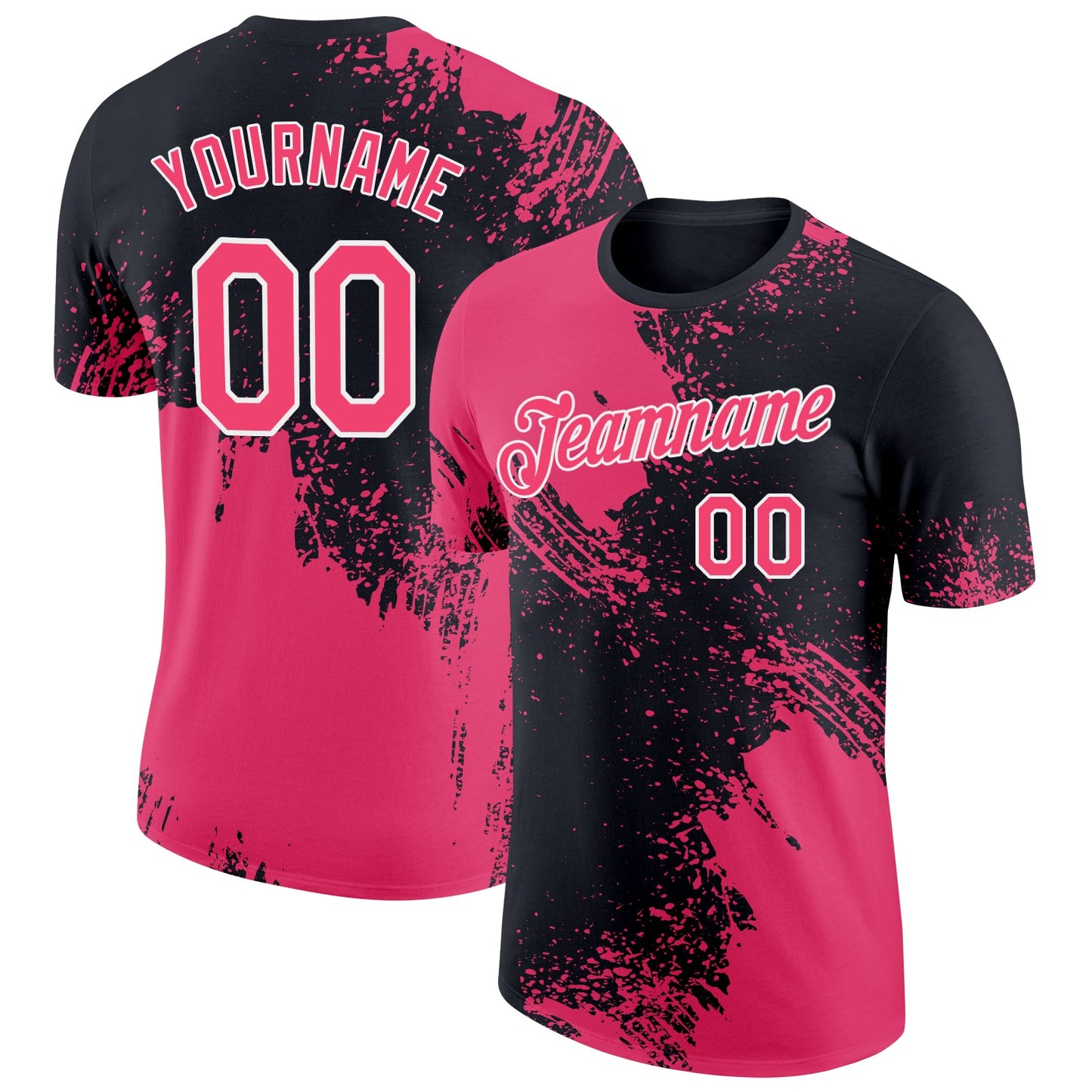 Custom Black Neon Pink-White 3D Pattern Design Abstract Brush Stroke Performance T-Shirt - Main View