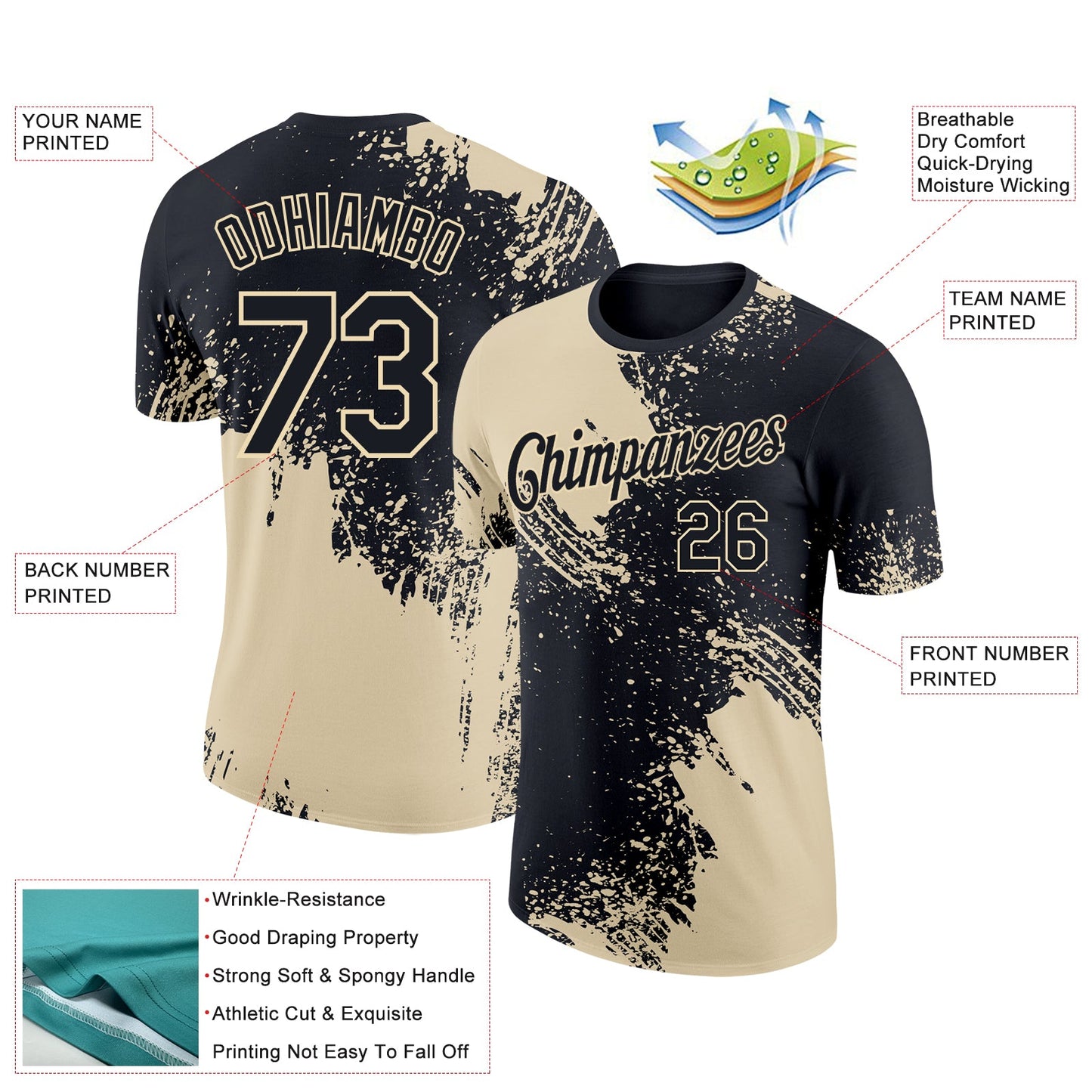 Custom Black Cream 3D Pattern Design Abstract Brush Stroke Performance T-Shirt view 2
