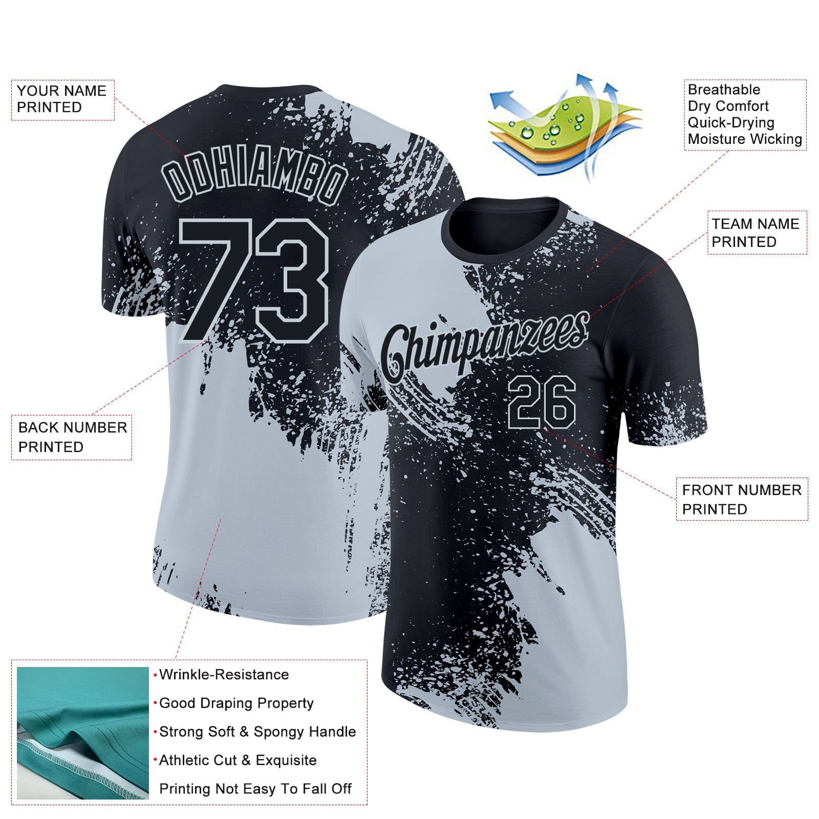 Custom Black Silver 3D Pattern Design Abstract Brush Stroke Performance T-Shirt view 2