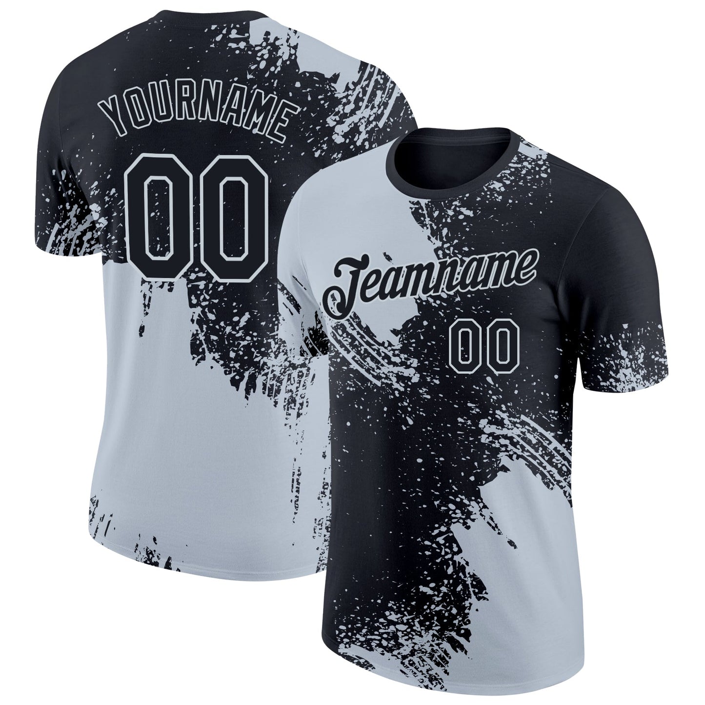 Custom Black Silver 3D Pattern Design Abstract Brush Stroke Performance T-Shirt - Main View