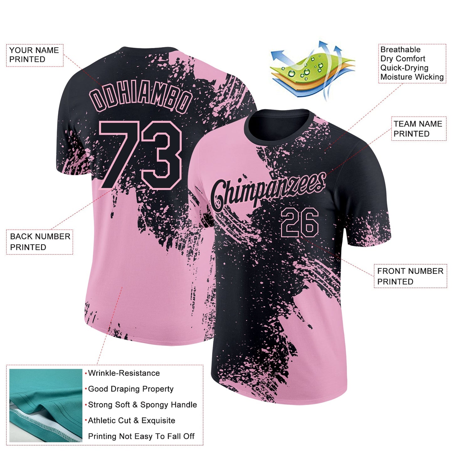 Custom Black Light Pink 3D Pattern Design Abstract Brush Stroke Performance T-Shirt view 2