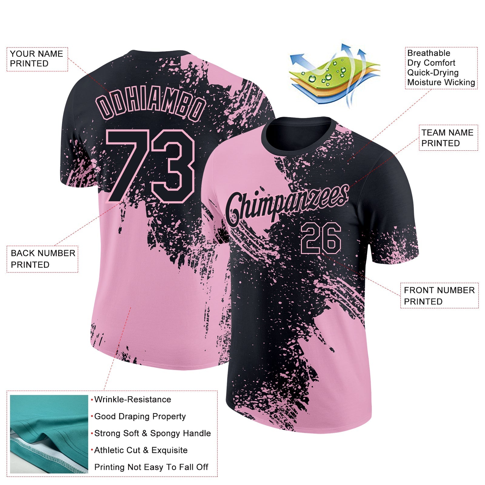 Custom Black Light Pink 3D Pattern Design Abstract Brush Stroke Performance T-Shirt view 2