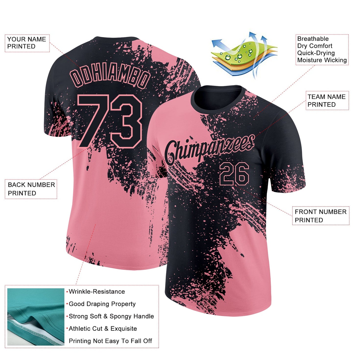 Custom Black Medium Pink 3D Pattern Design Abstract Brush Stroke Performance T-Shirt view 2
