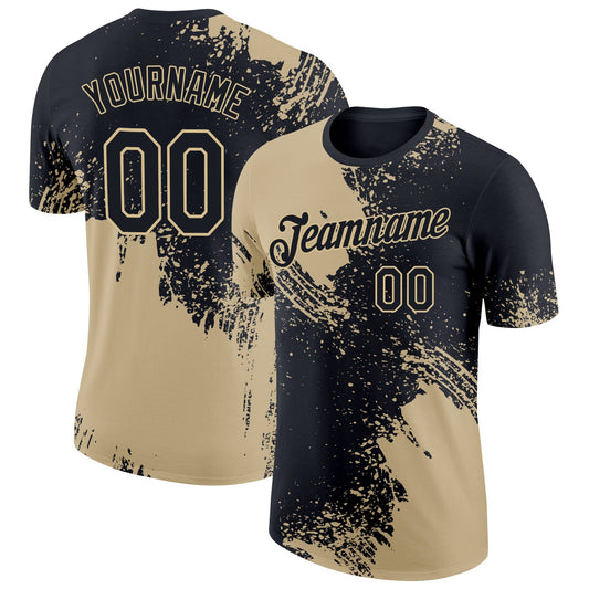 Custom Black Vegas Gold 3D Pattern Design Abstract Brush Stroke Performance T-Shirt - Main View