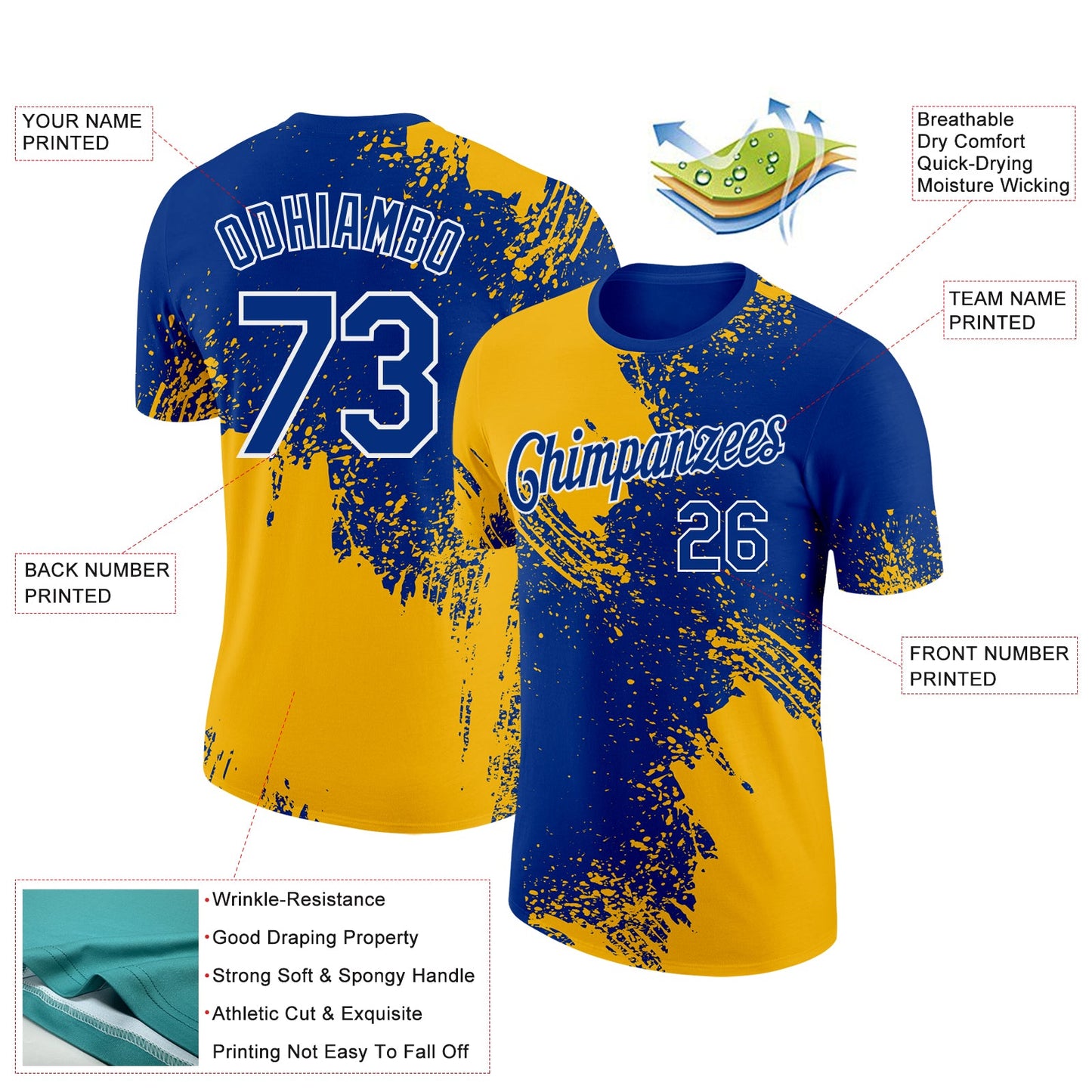 Custom Royal Gold-White 3D Pattern Design Abstract Brush Stroke Performance T-Shirt view 2