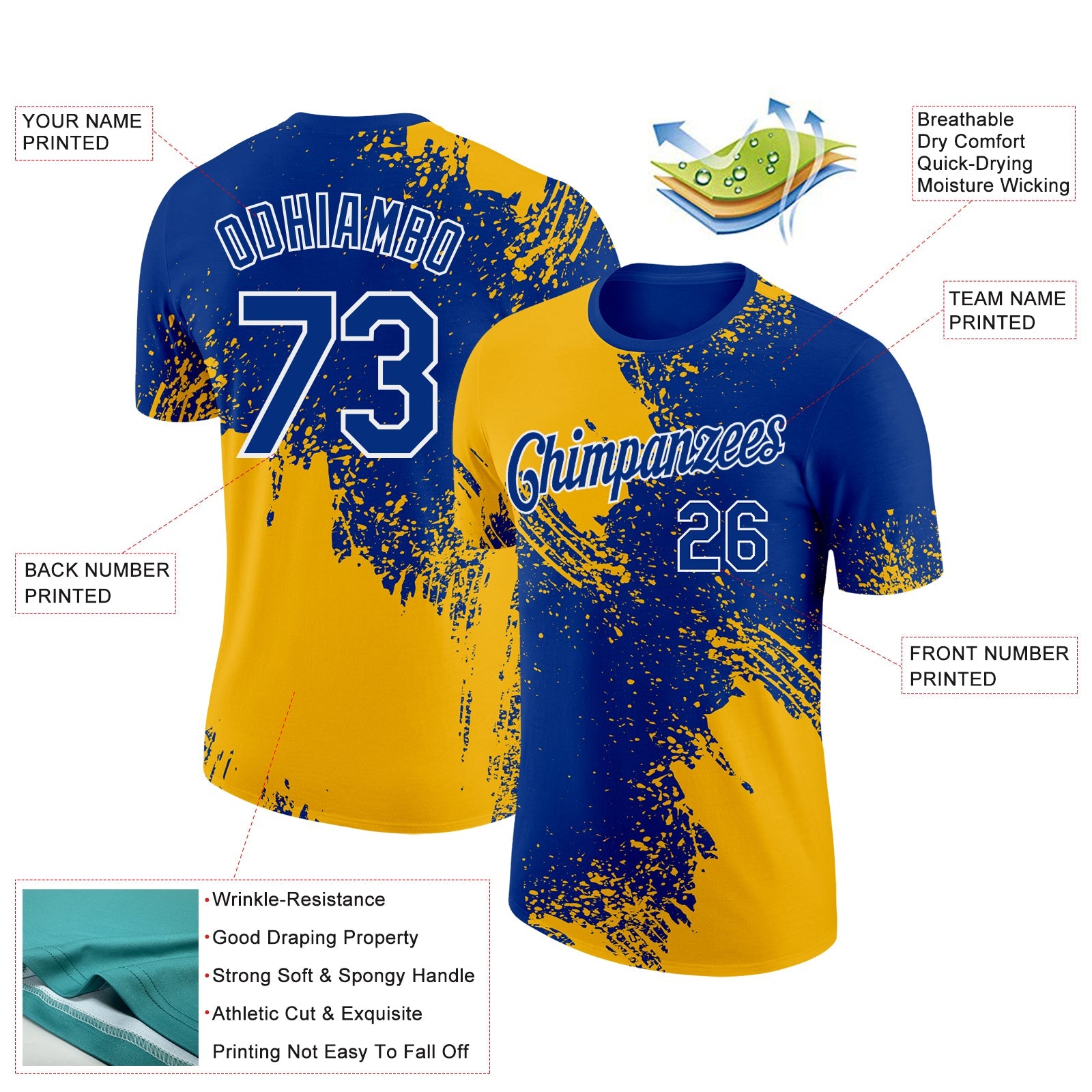 Custom Royal Gold-White 3D Pattern Design Abstract Brush Stroke Performance T-Shirt view 2
