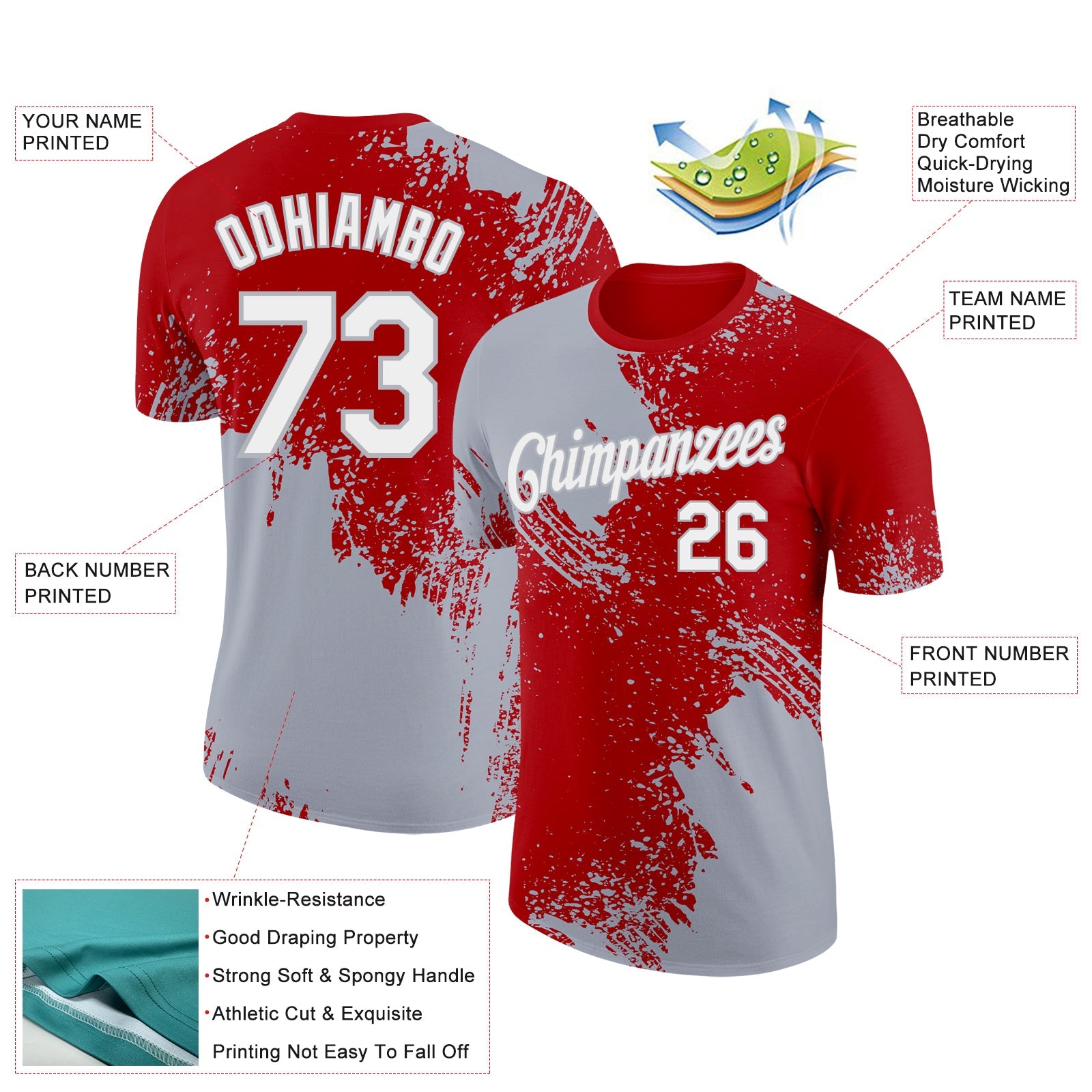 Custom Red White-Gray 3D Pattern Design Abstract Brush Stroke Performance T-Shirt view 2