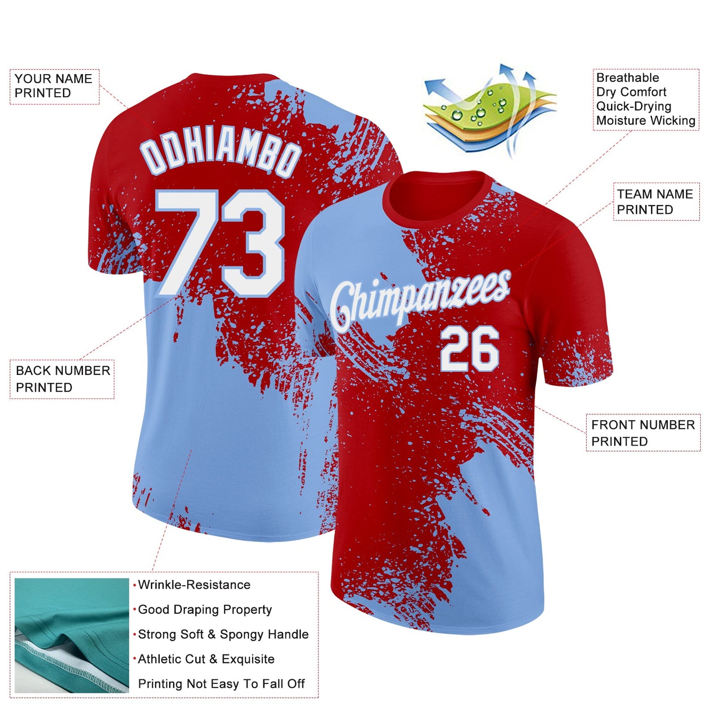 Custom Red White-Light Blue 3D Pattern Design Abstract Brush Stroke Performance T-Shirt view 2