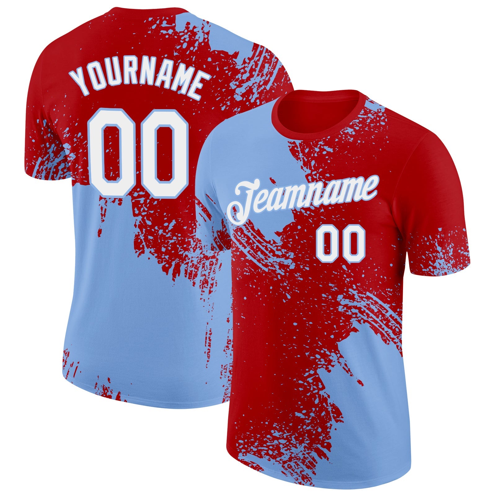 Custom Red White-Light Blue 3D Pattern Design Abstract Brush Stroke Performance T-Shirt - Main View