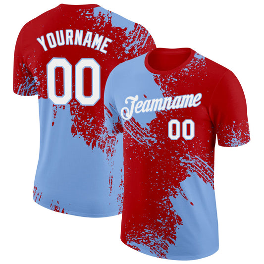 Custom Red White-Light Blue 3D Pattern Design Abstract Brush Stroke Performance T-Shirt - Main View