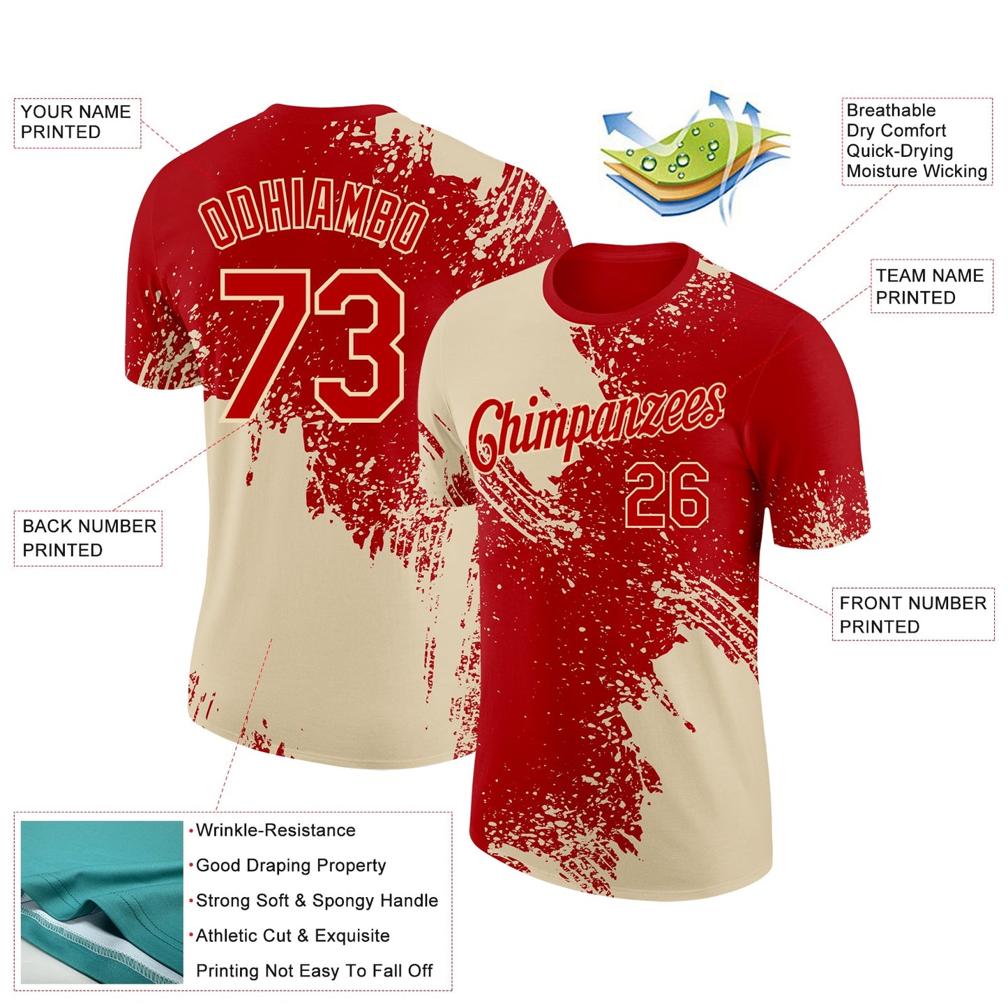 Custom Red Cream 3D Pattern Design Abstract Brush Stroke Performance T-Shirt view 2