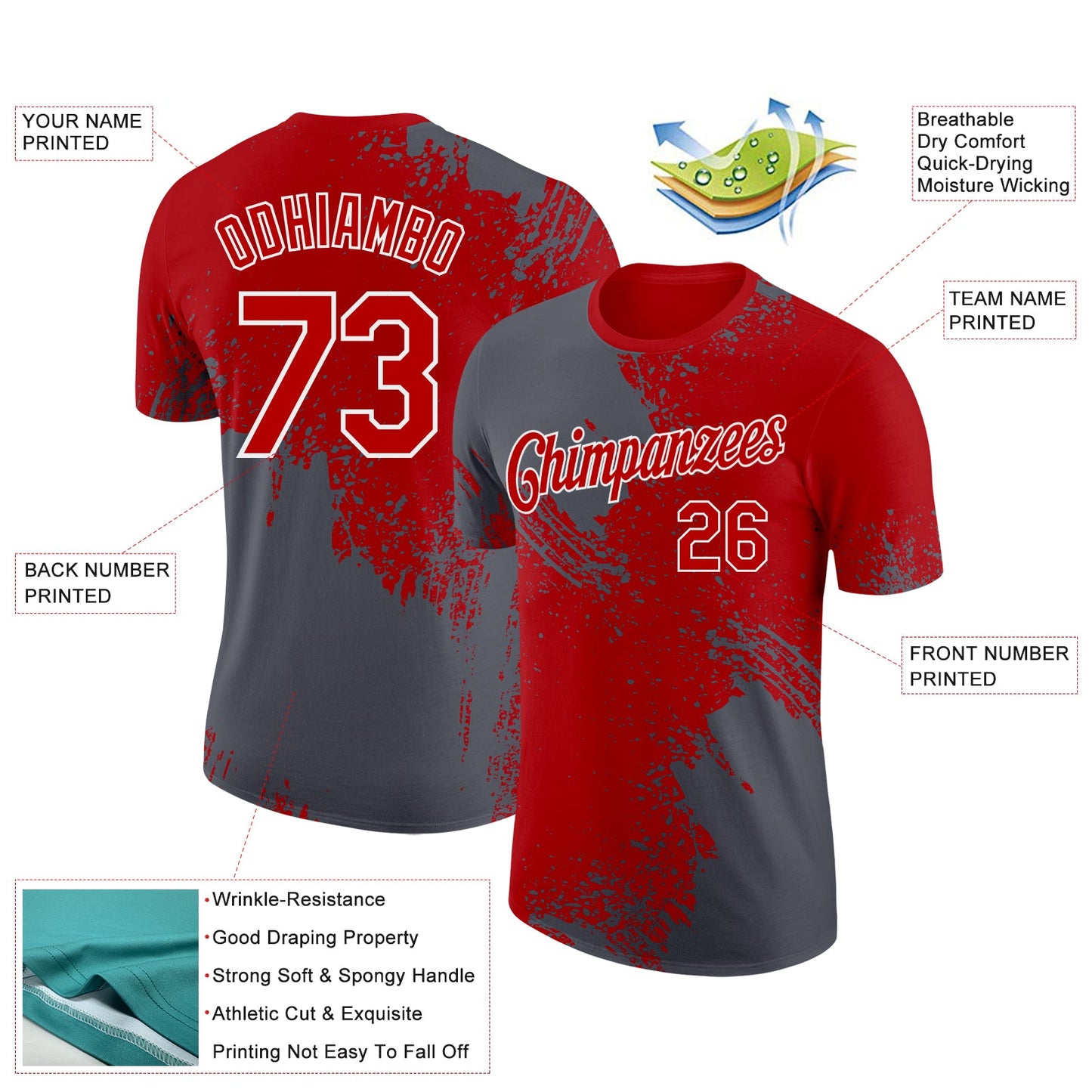 Custom Red Steel Gray-White 3D Pattern Design Abstract Brush Stroke Performance T-Shirt view 2