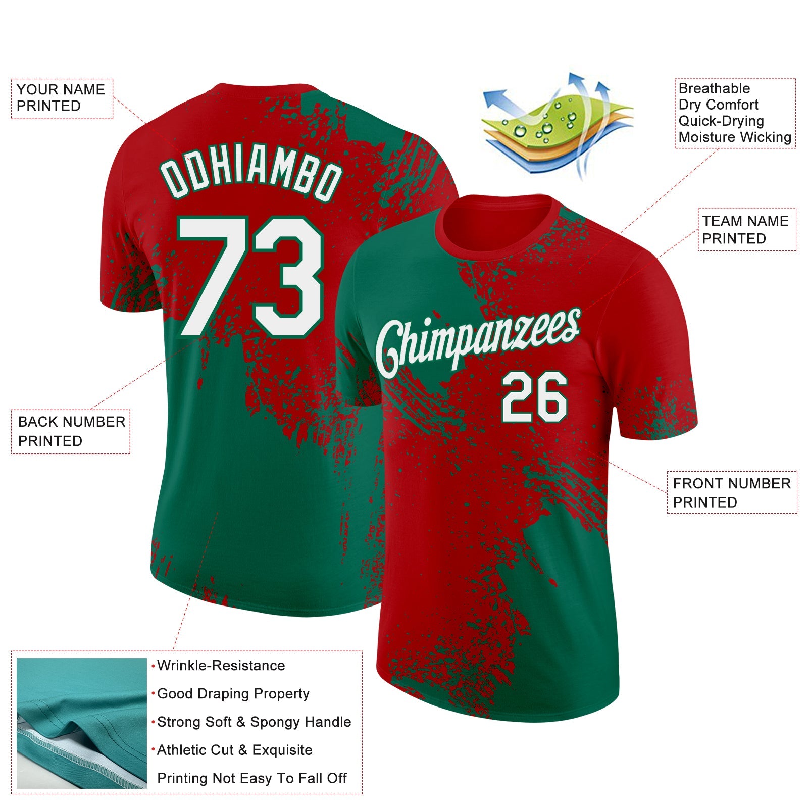 Custom Red White-Kelly Green 3D Pattern Design Abstract Brush Stroke Performance T-Shirt view 2