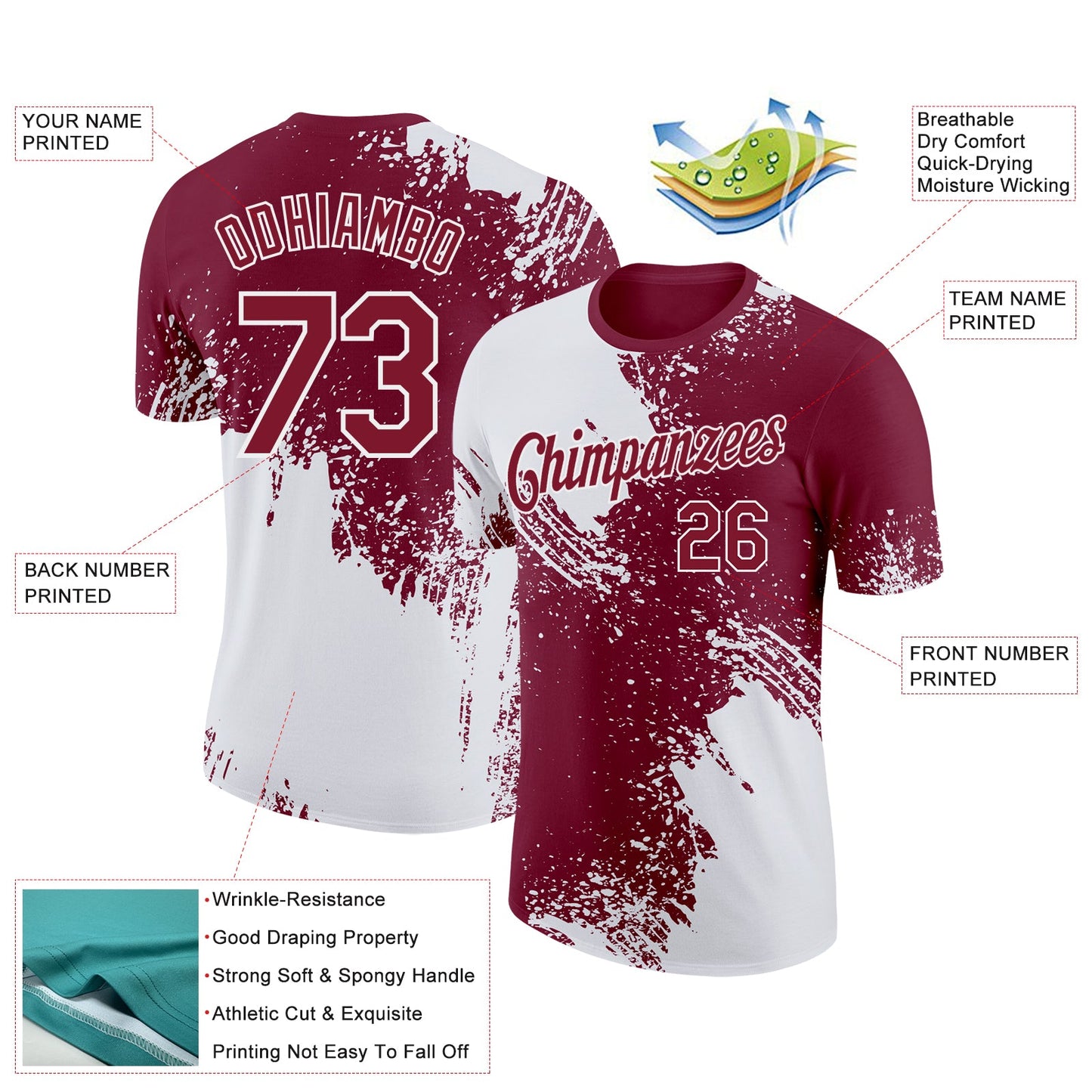 Custom Crimson White 3D Pattern Design Abstract Brush Stroke Performance T-Shirt view 2