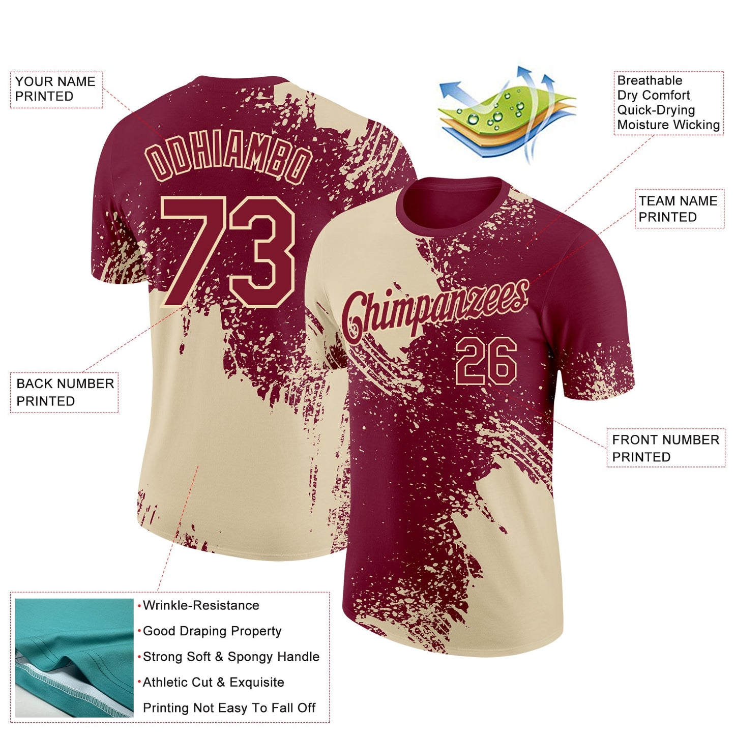 Custom Crimson Cream 3D Pattern Design Abstract Brush Stroke Performance T-Shirt view 2