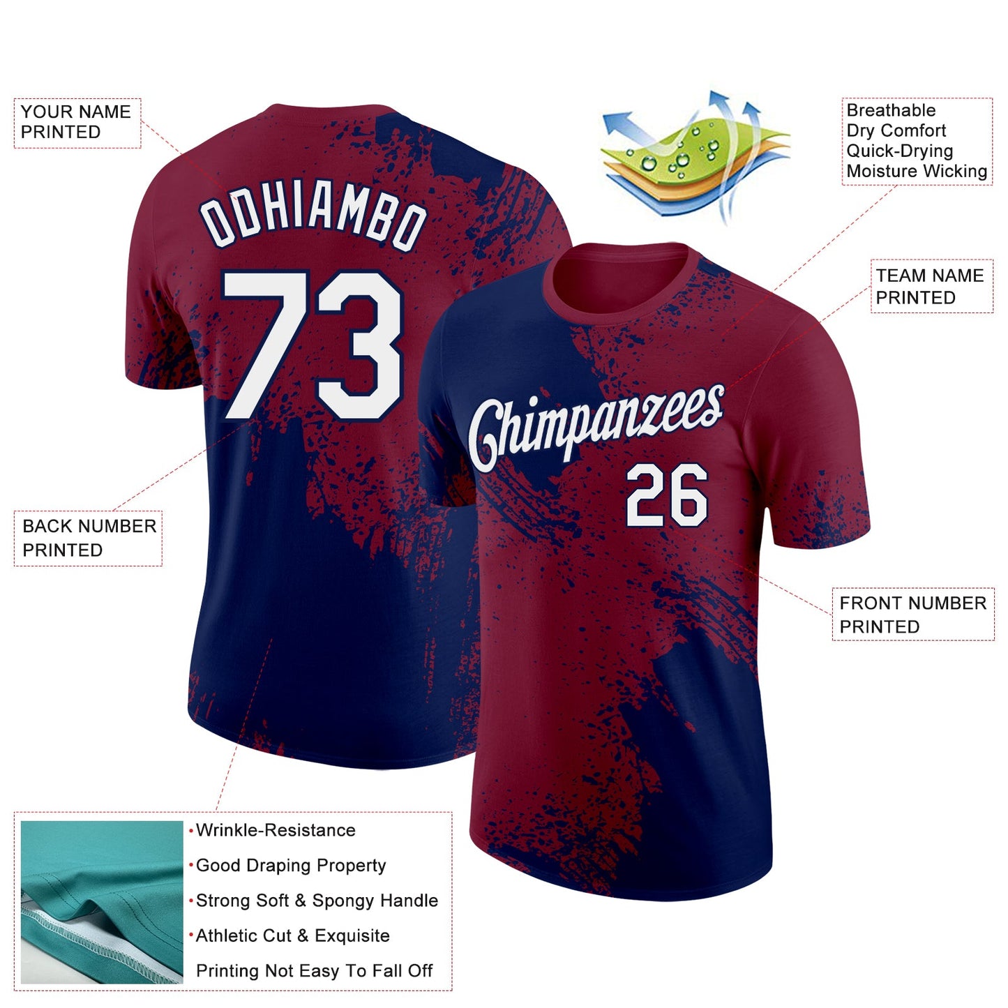 Custom Crimson White-Navy 3D Pattern Design Abstract Brush Stroke Performance T-Shirt view 2