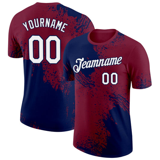 Custom Crimson White-Navy 3D Pattern Design Abstract Brush Stroke Performance T-Shirt - Main View
