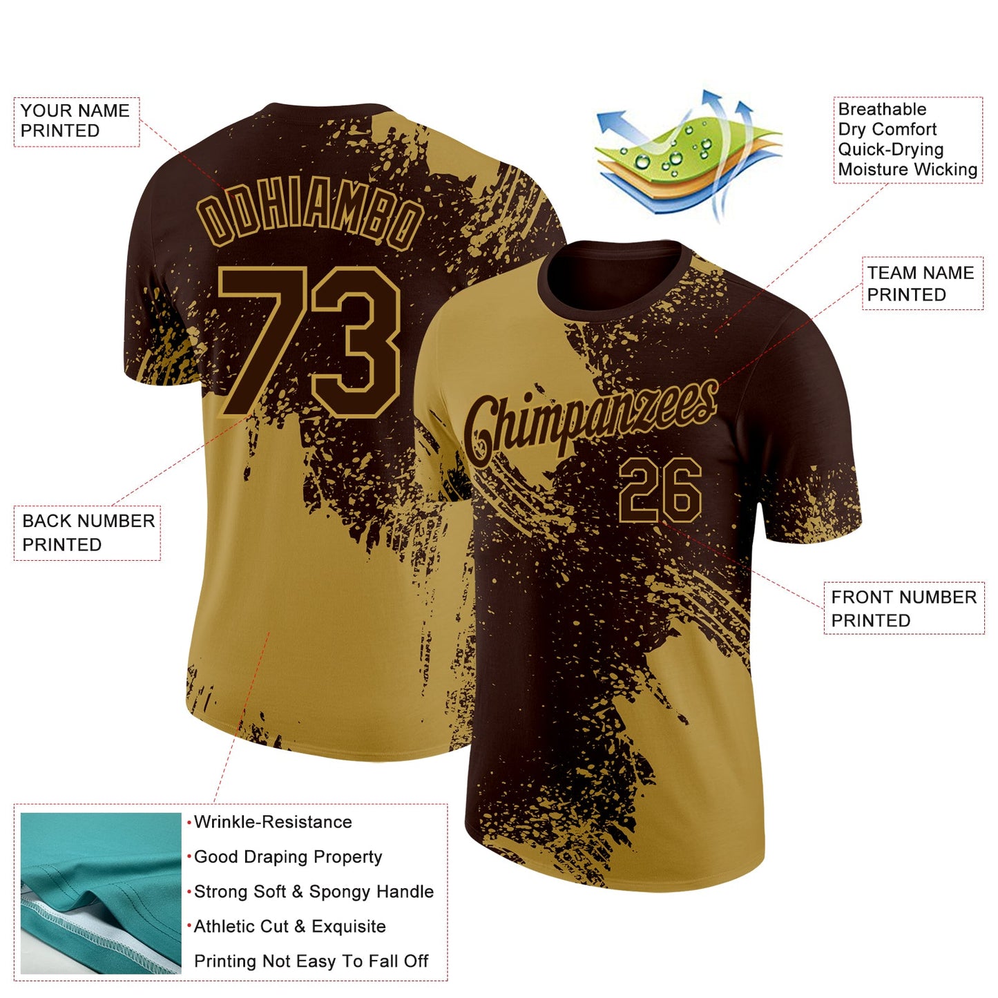 Custom Brown Old Gold 3D Pattern Design Abstract Brush Stroke Performance T-Shirt view 2