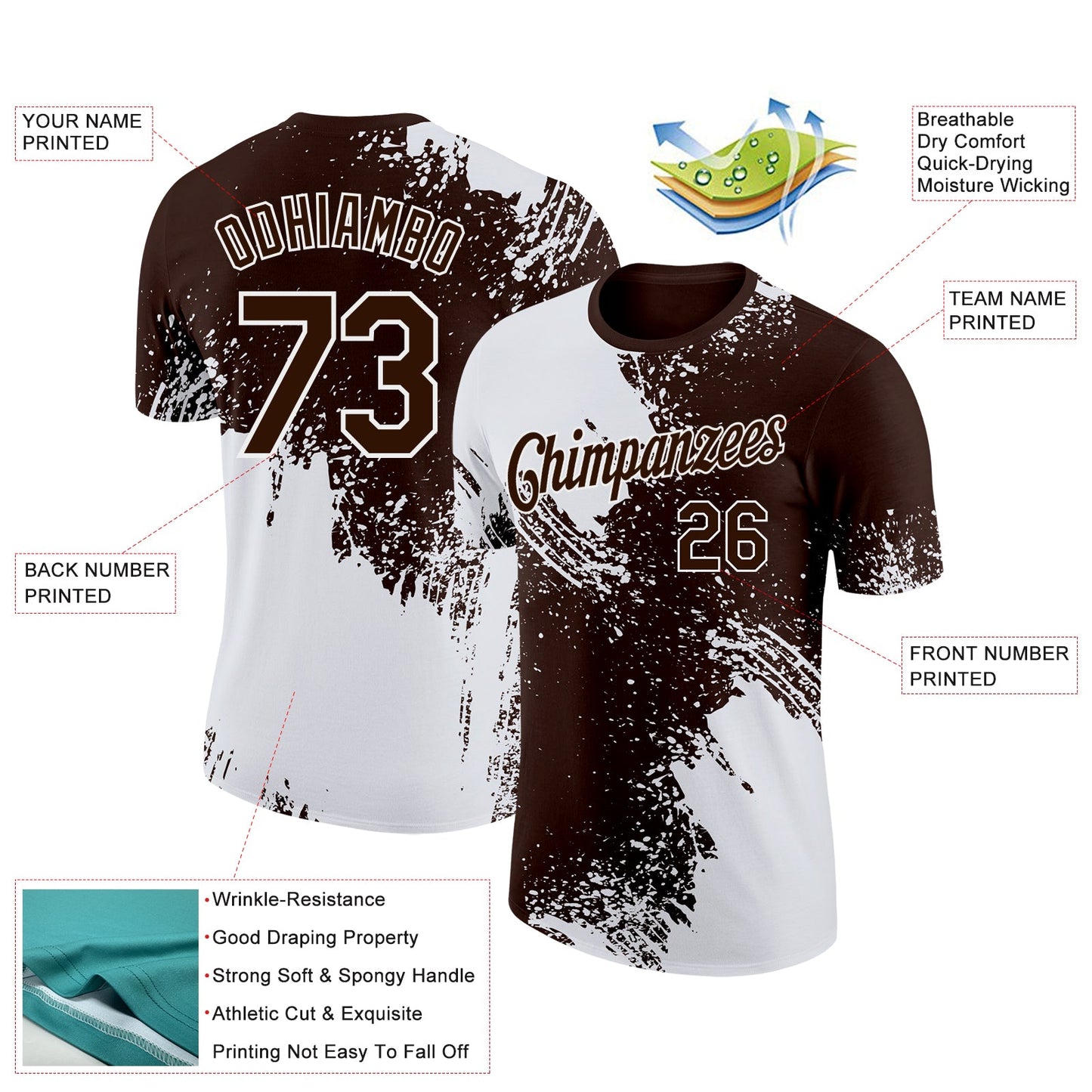 Custom Brown White 3D Pattern Design Abstract Brush Stroke Performance T-Shirt view 2