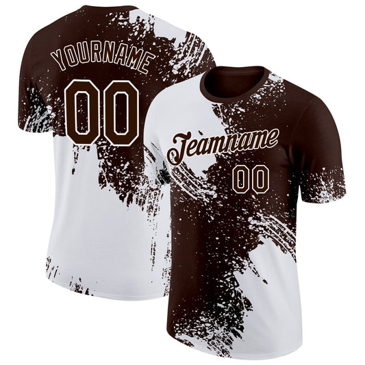 Custom Brown White 3D Pattern Design Abstract Brush Stroke Performance T-Shirt - Main View