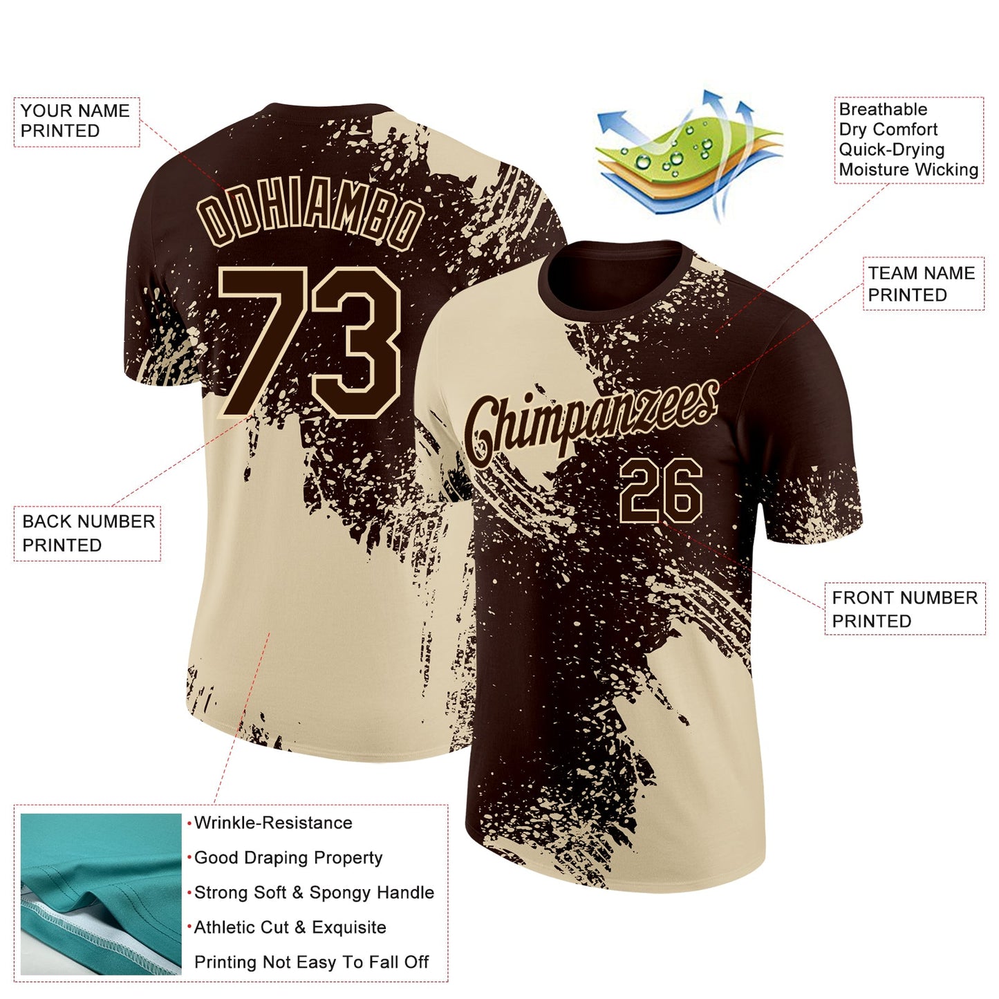 Custom Brown Cream 3D Pattern Design Abstract Brush Stroke Performance T-Shirt view 2