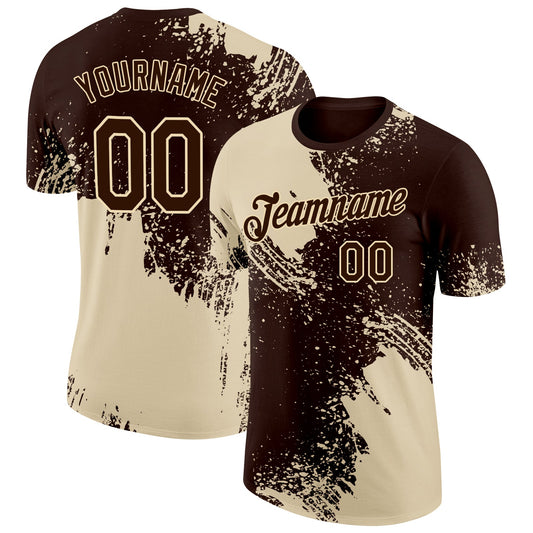 Custom Brown Cream 3D Pattern Design Abstract Brush Stroke Performance T-Shirt - Main View