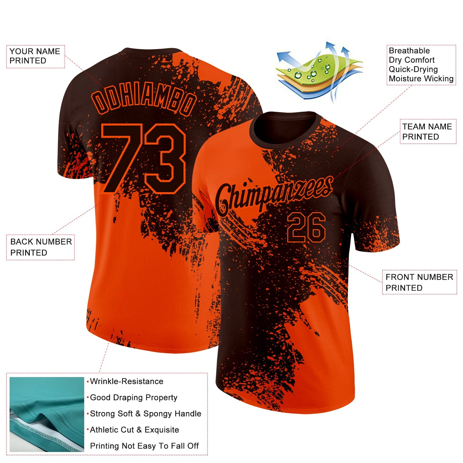 Custom Brown Orange 3D Pattern Design Abstract Brush Stroke Performance T-Shirt view 2
