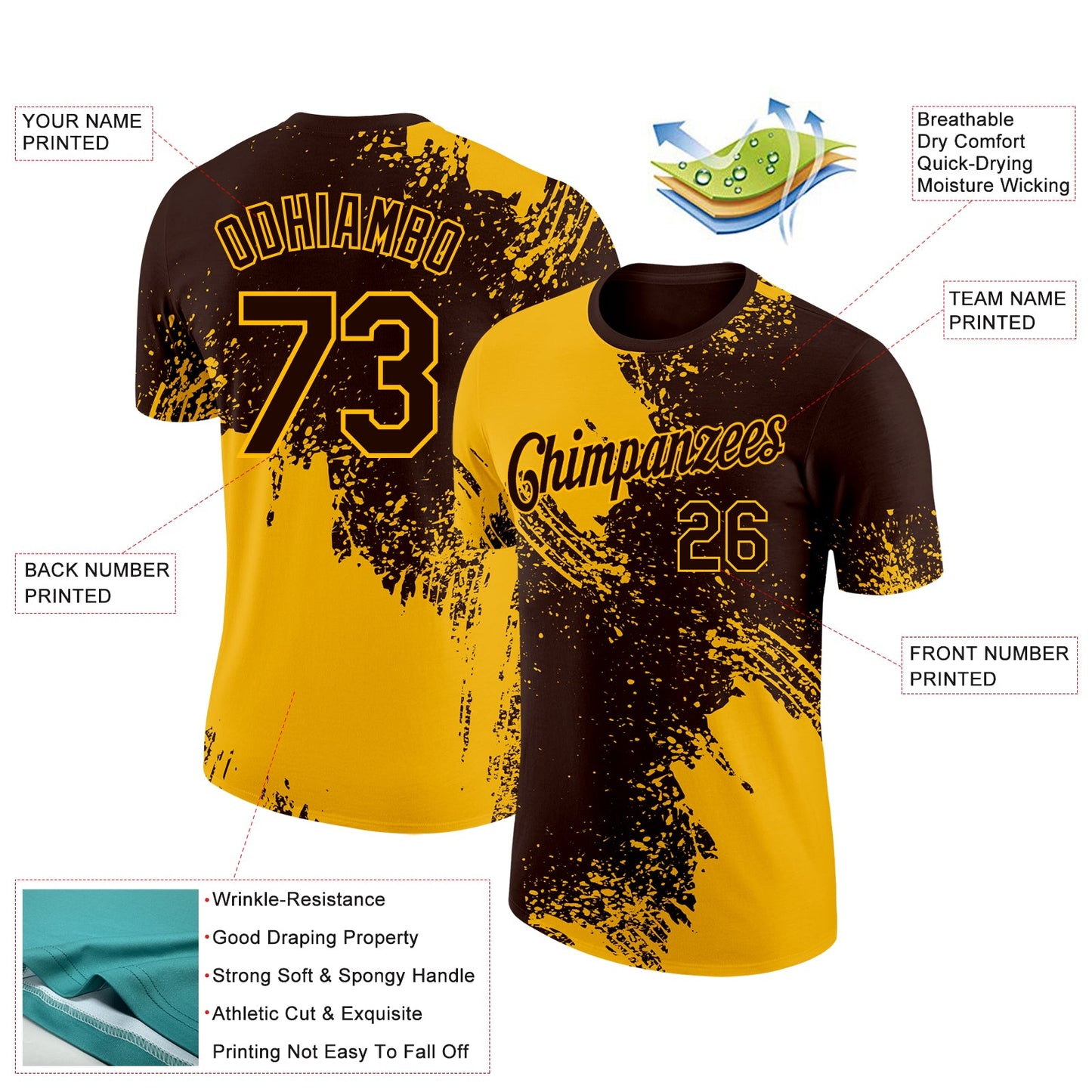 Custom Brown Gold 3D Pattern Design Abstract Brush Stroke Performance T-Shirt view 2