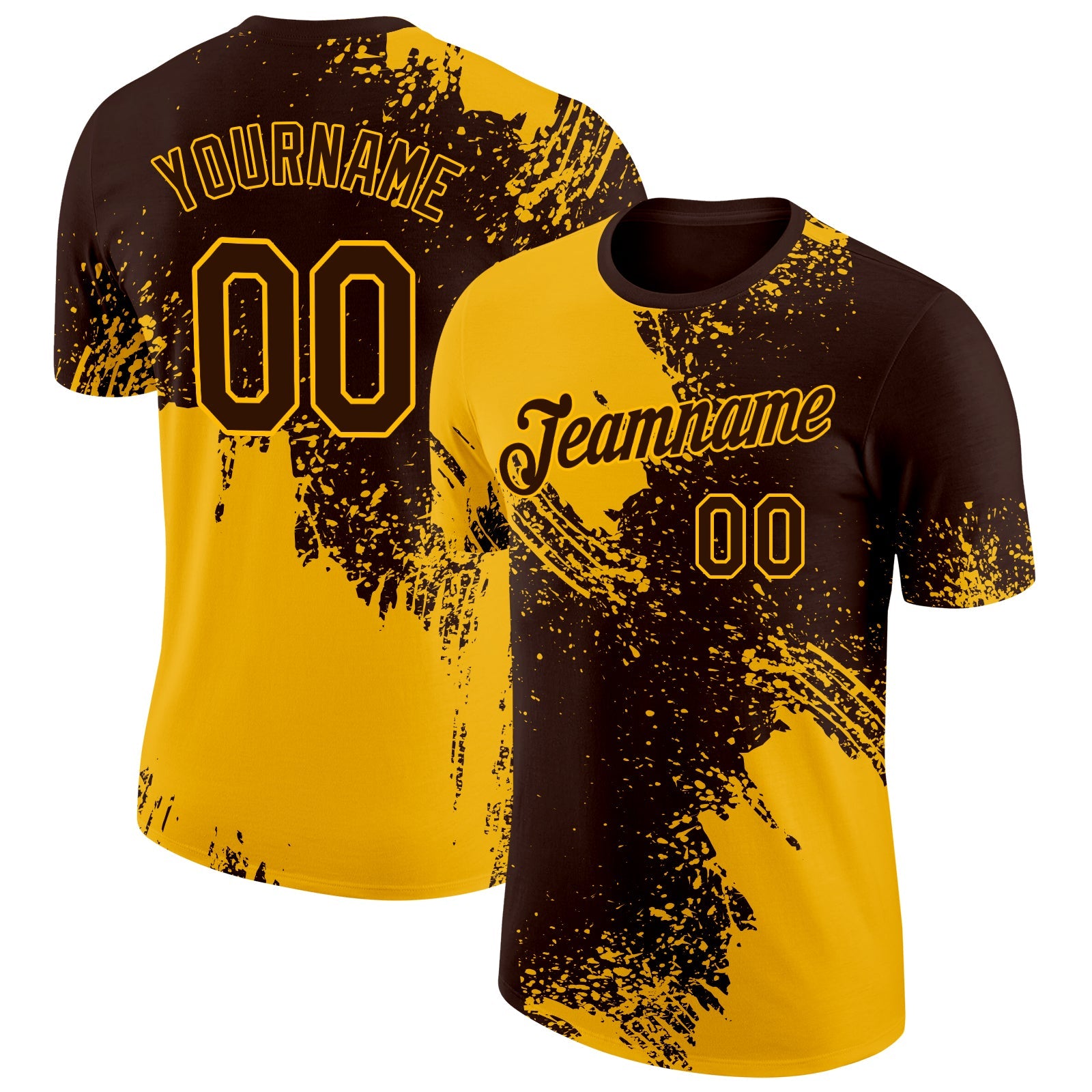 Custom Brown Gold 3D Pattern Design Abstract Brush Stroke Performance T-Shirt - Main View