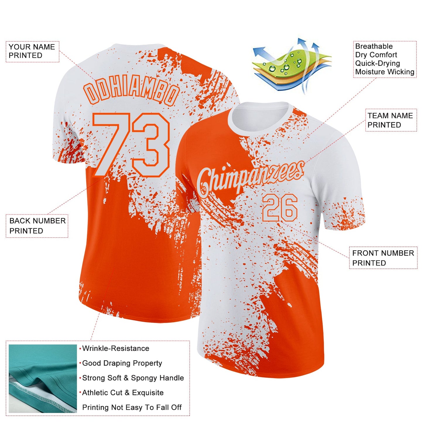 Custom White Orange 3D Pattern Design Abstract Brush Stroke Performance T-Shirt view 2