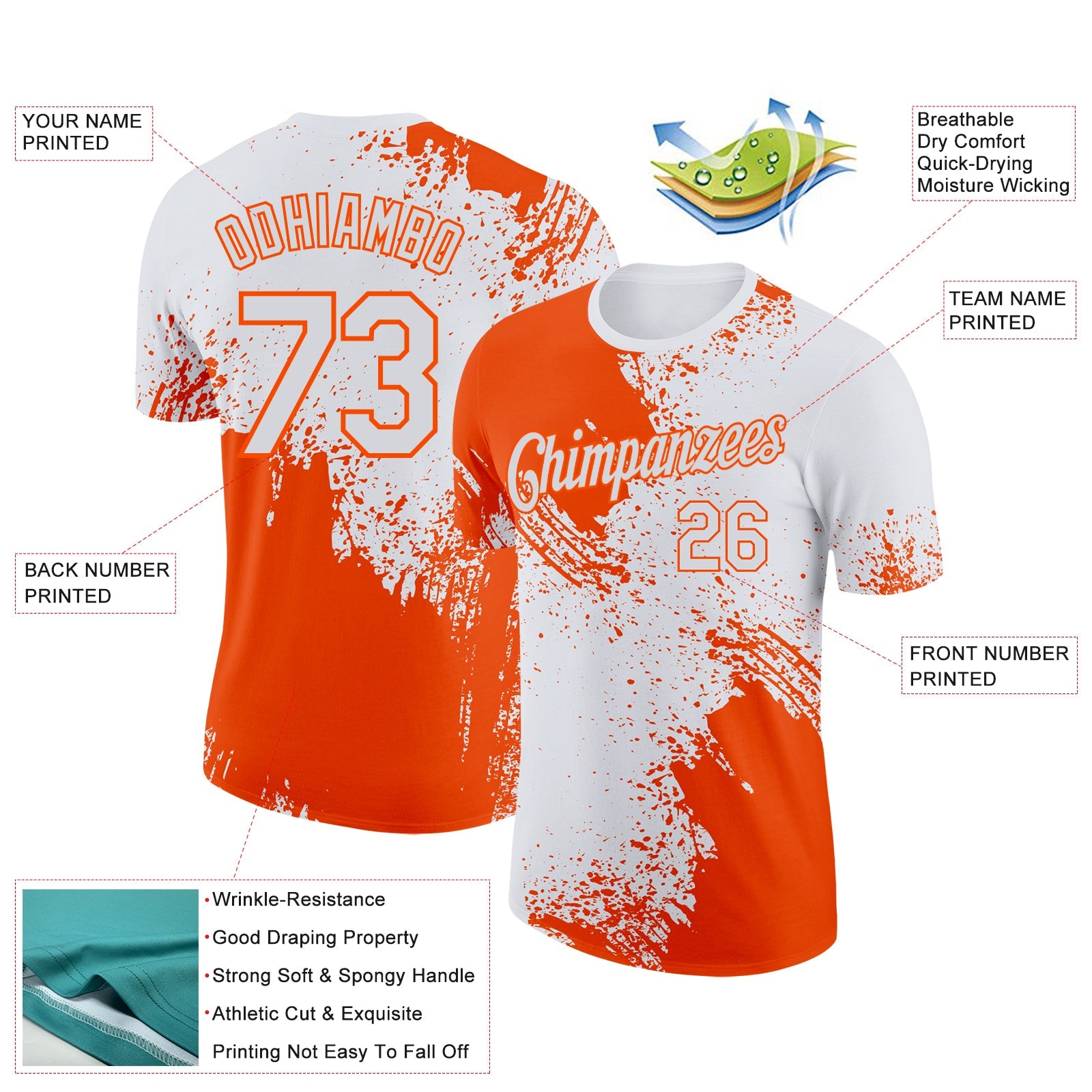 Custom White Orange 3D Pattern Design Abstract Brush Stroke Performance T-Shirt view 2